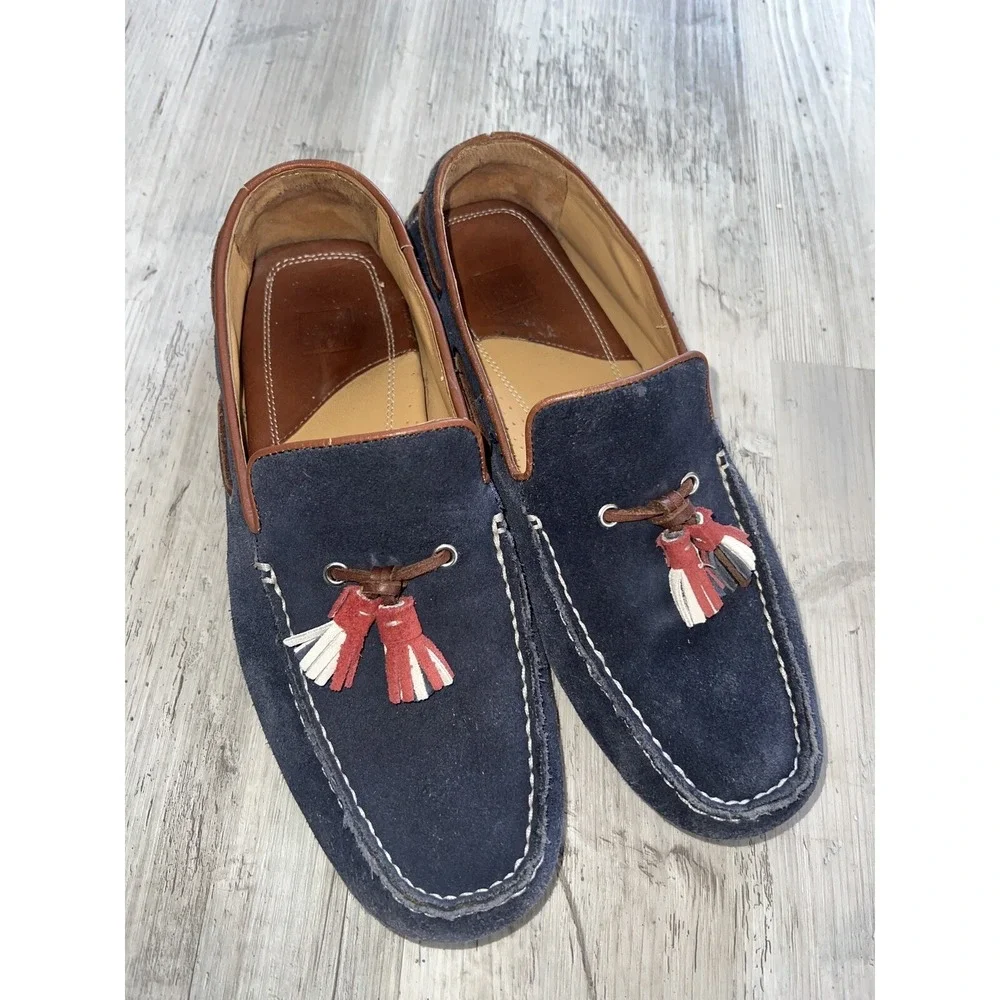 250239 TASSEL MEN'S SHOES 11 M Blue Suede JOHNSTON & MURPHY Red White Tassel VTG